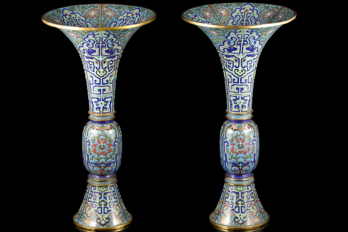 A Qianlong pair of Gu-shaped cloisonné enamel vases