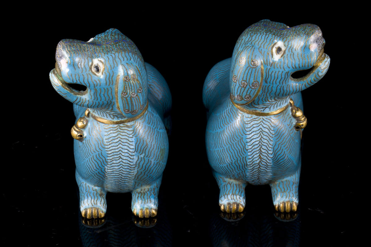 Qianlong pair of gilt bronze and cloisonné enamel dogs