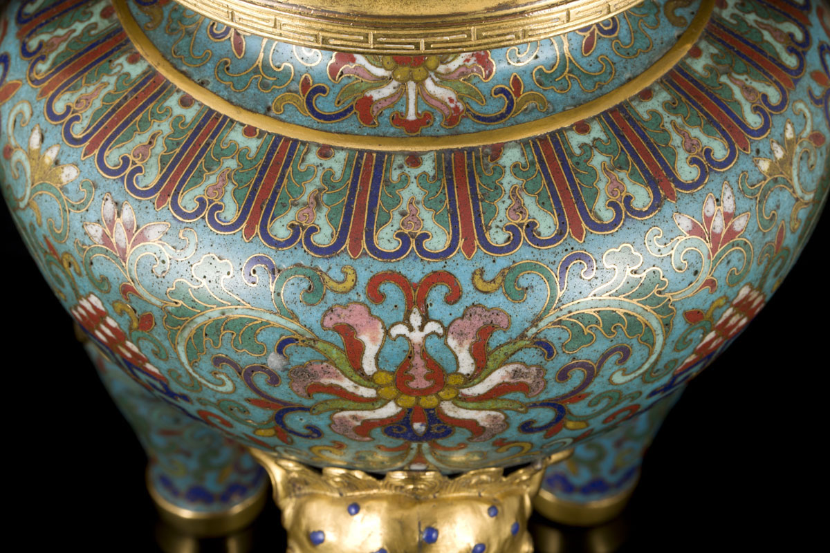 A tripod gilt bronze and cloisonné enamel censer