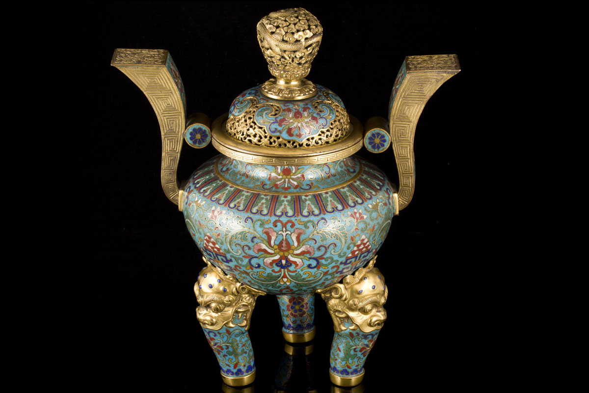 A rare cloisonné enamel tripod censer