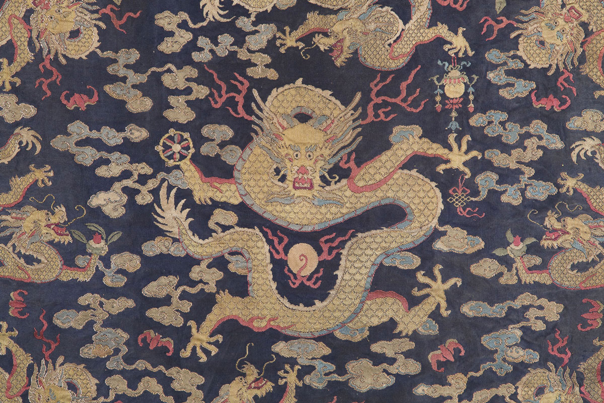 Imperial nine five-clawed dragons blue ground silk kesi