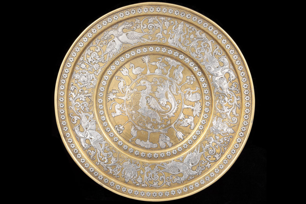 A Sri-Lankan silver inlaid brass temple dish 18th century