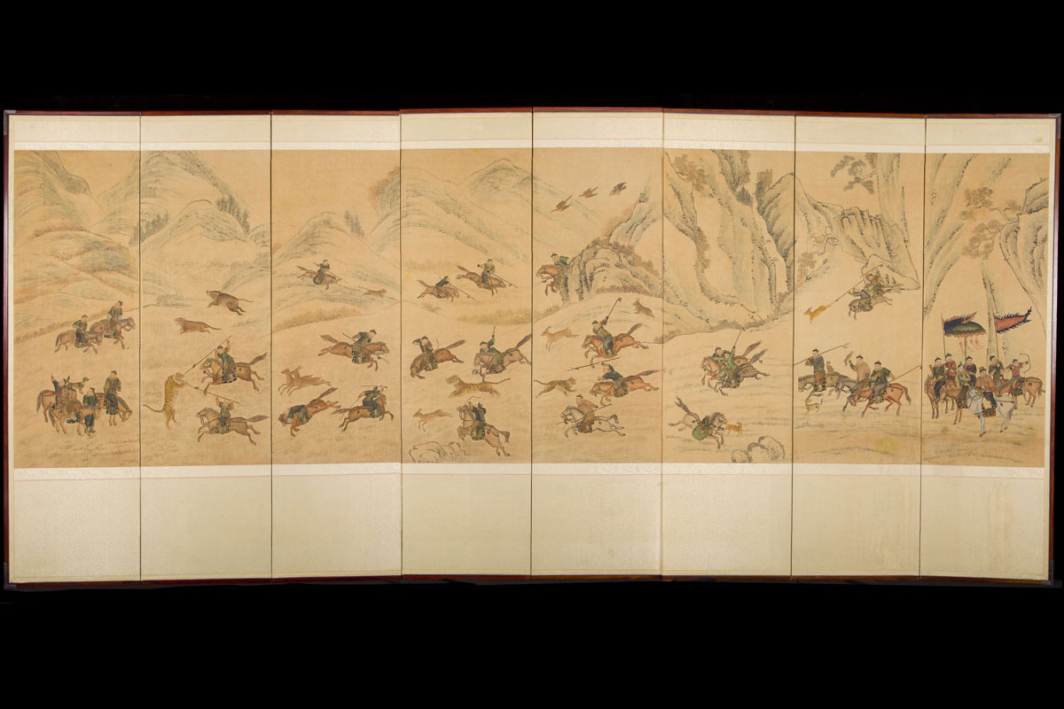 A Choson period eight-leaf screen with tiger hunting scene